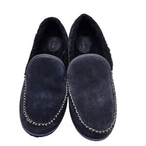 LL Bean Men's Mountain Slippers Carbon Navy Suede Fleece-Lined Size 10